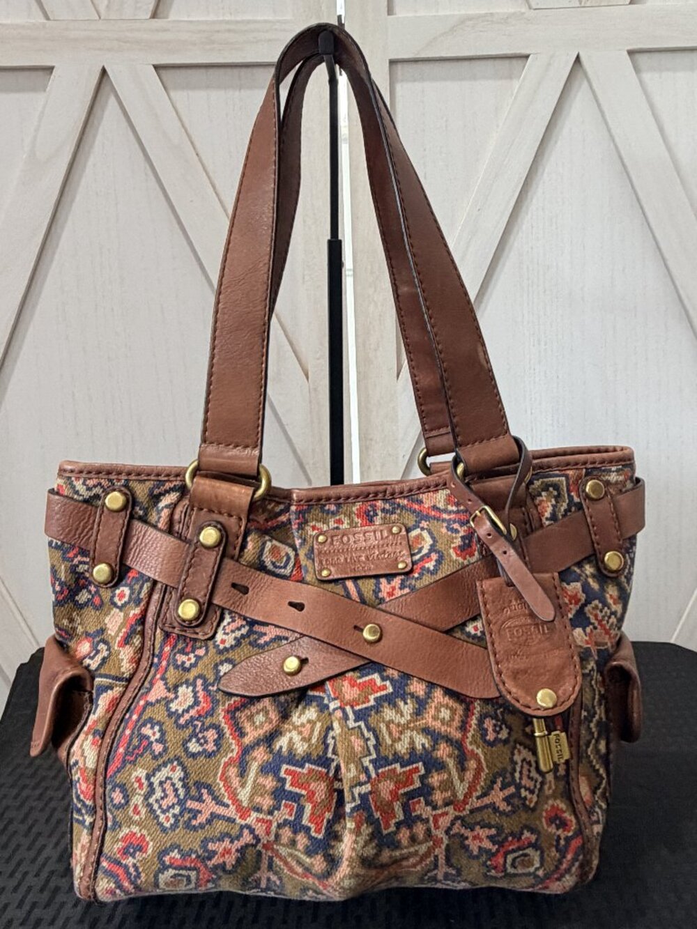 Fossil Long Live Vintage Tapestry Leather Shoulder Tote Bag Key Charm